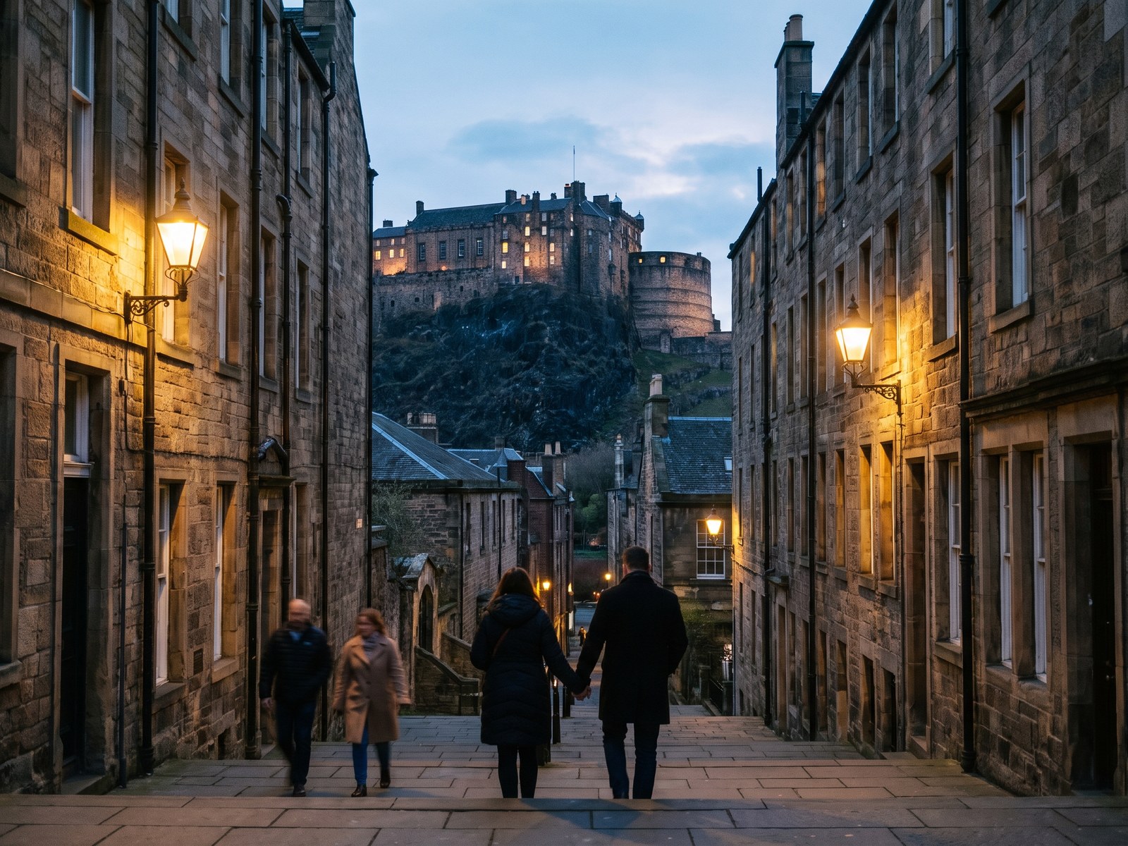 A couple walking hand in hand up a lamplit stone street in Edinburgh at dusk, the castle above them
