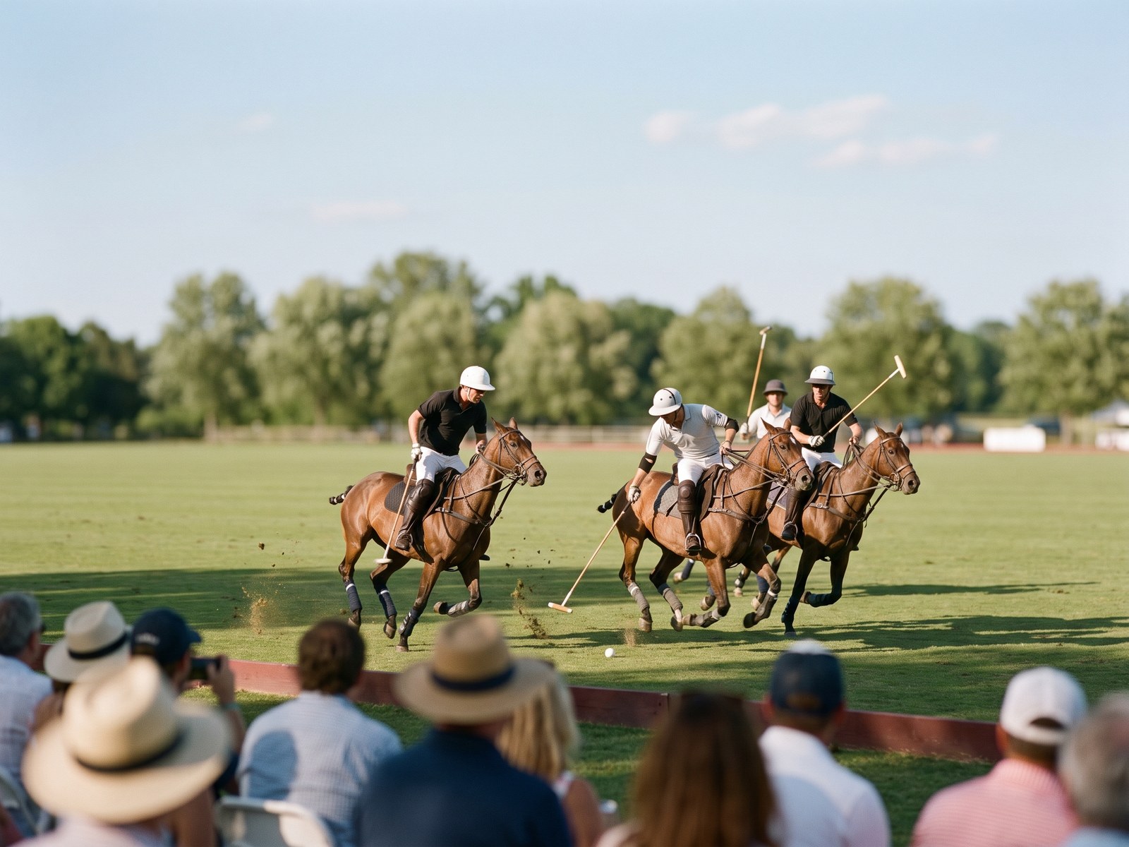 Polo players galloping after the ball, seen from among the spectators watching from the boundary