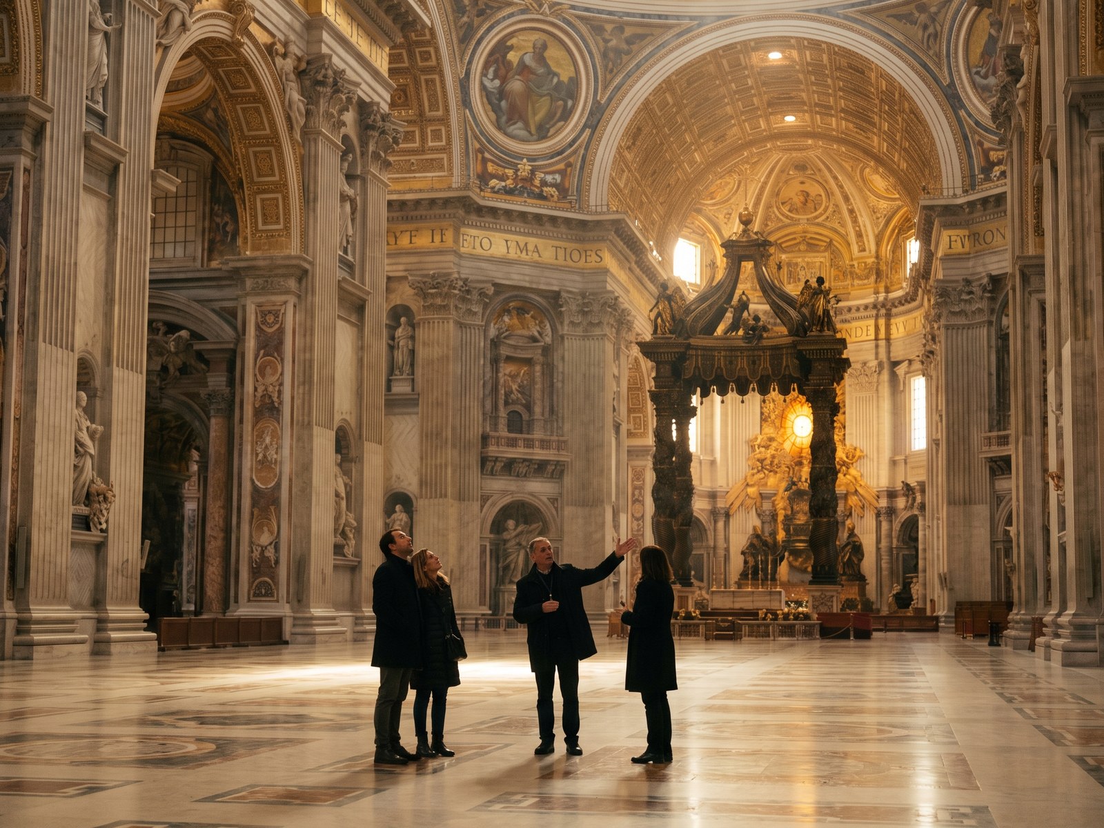 A private guide showing three travelers the interior of a grand basilica, empty of other visitors